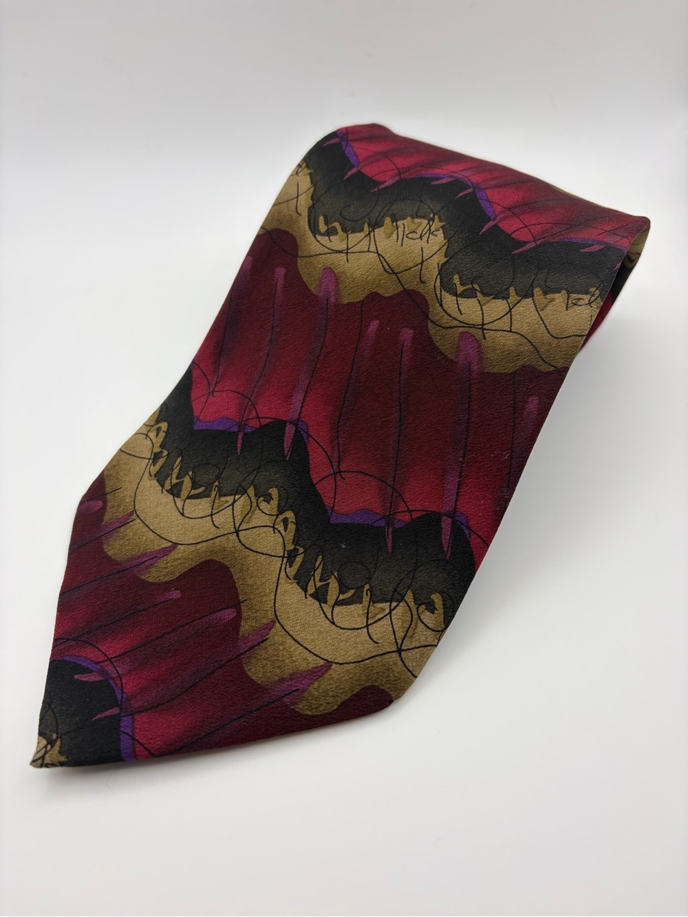 J Garcia Snail Garden Collection 14 Silk Tie Burgundy Gold Abstract Vintage 90s